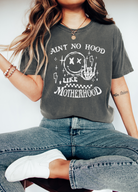 90's themed comfort colors tshirt for moms that says "ain't no hood like motherhood."