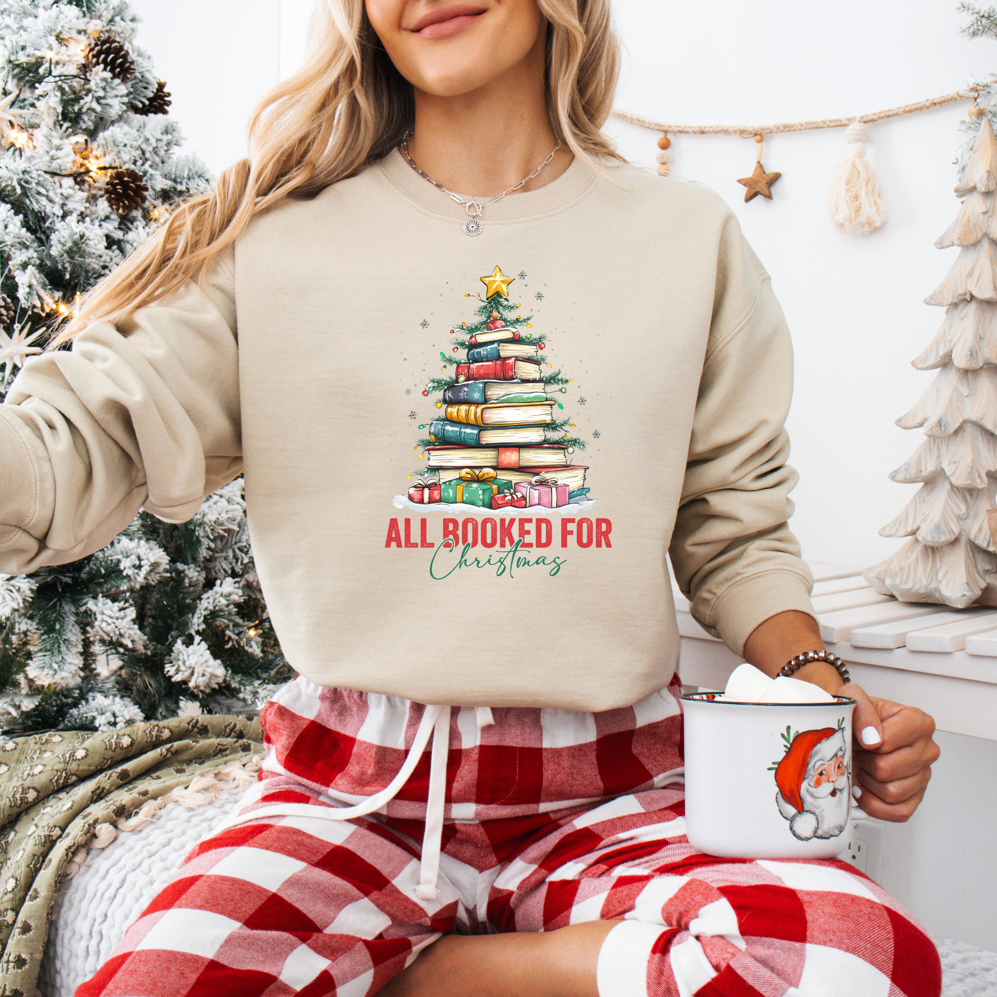 All booked for Christmas sweatshirt for book lovers in sand