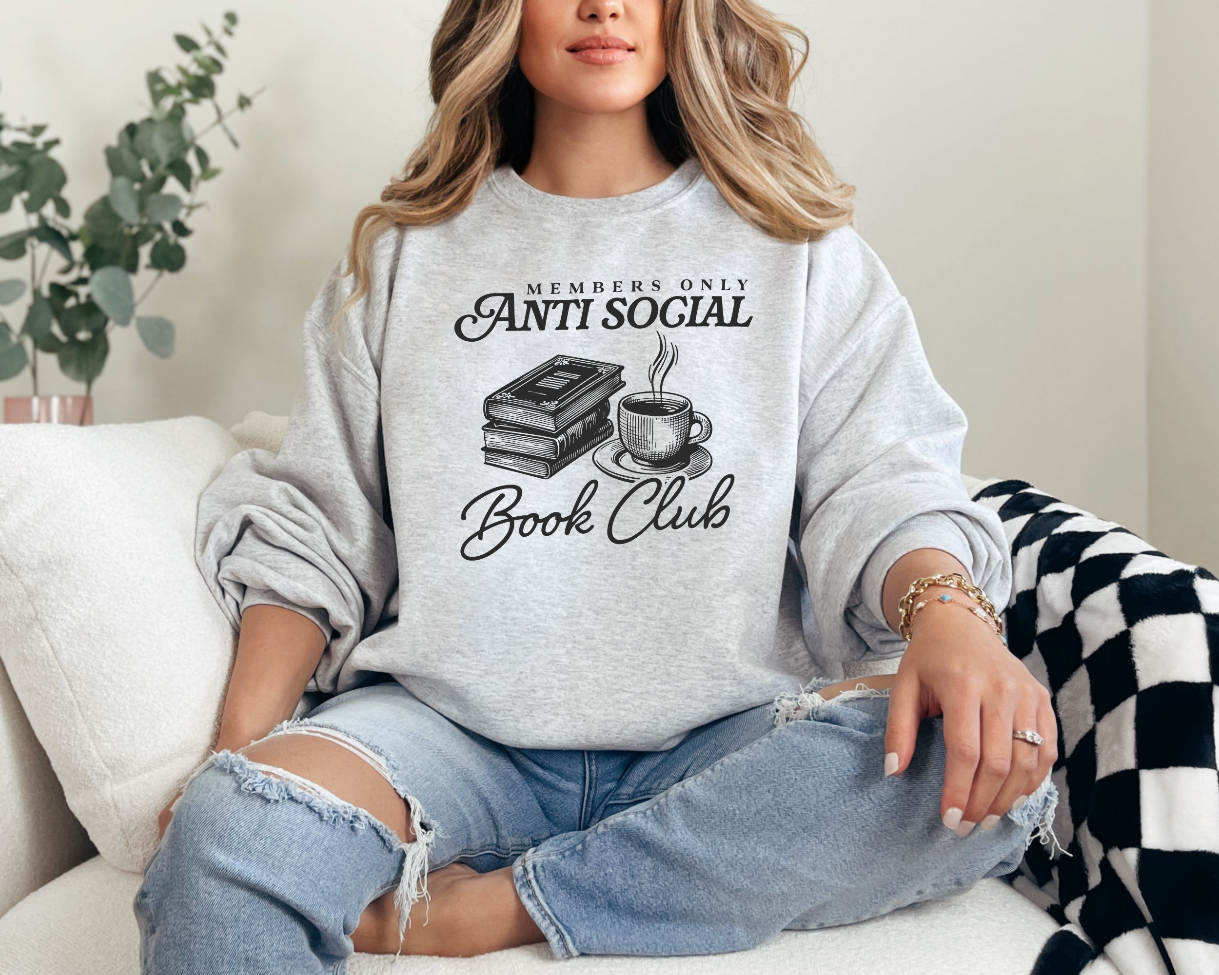 Pullover sweatshirt in the color ash that says "members only antisocial book club" for book lovers or bookish women.