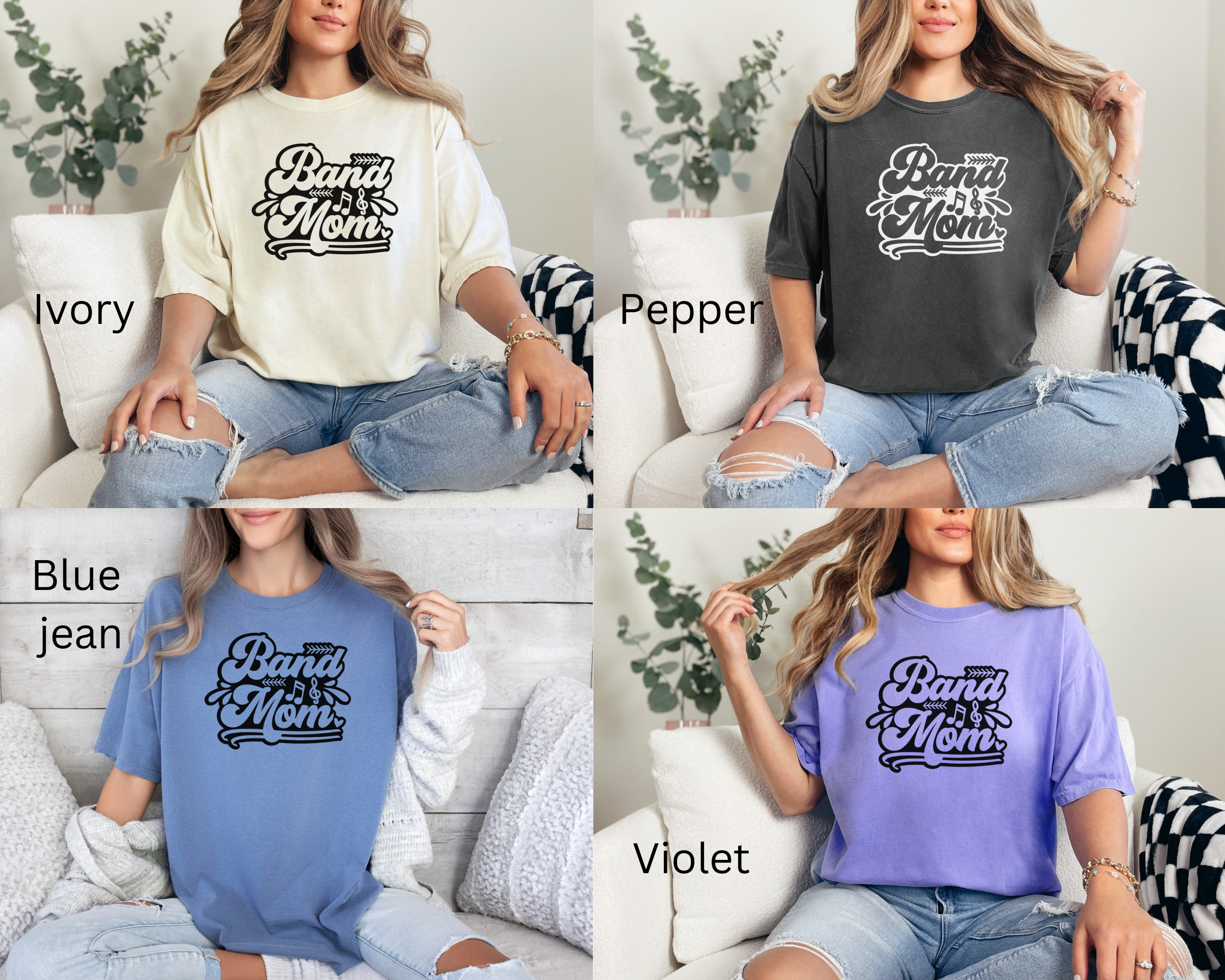 band mom tshirts made in colors Ivory, Blue Jean, Pepper, and Violet.  all made with comfort colors tees.  The design is a retro bubbly text with music symbols.