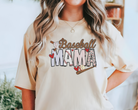 baseball mama tshirt in ivory.  The design is the word baseball in cursive in light brown and mama letters in different patterns with hearts around it