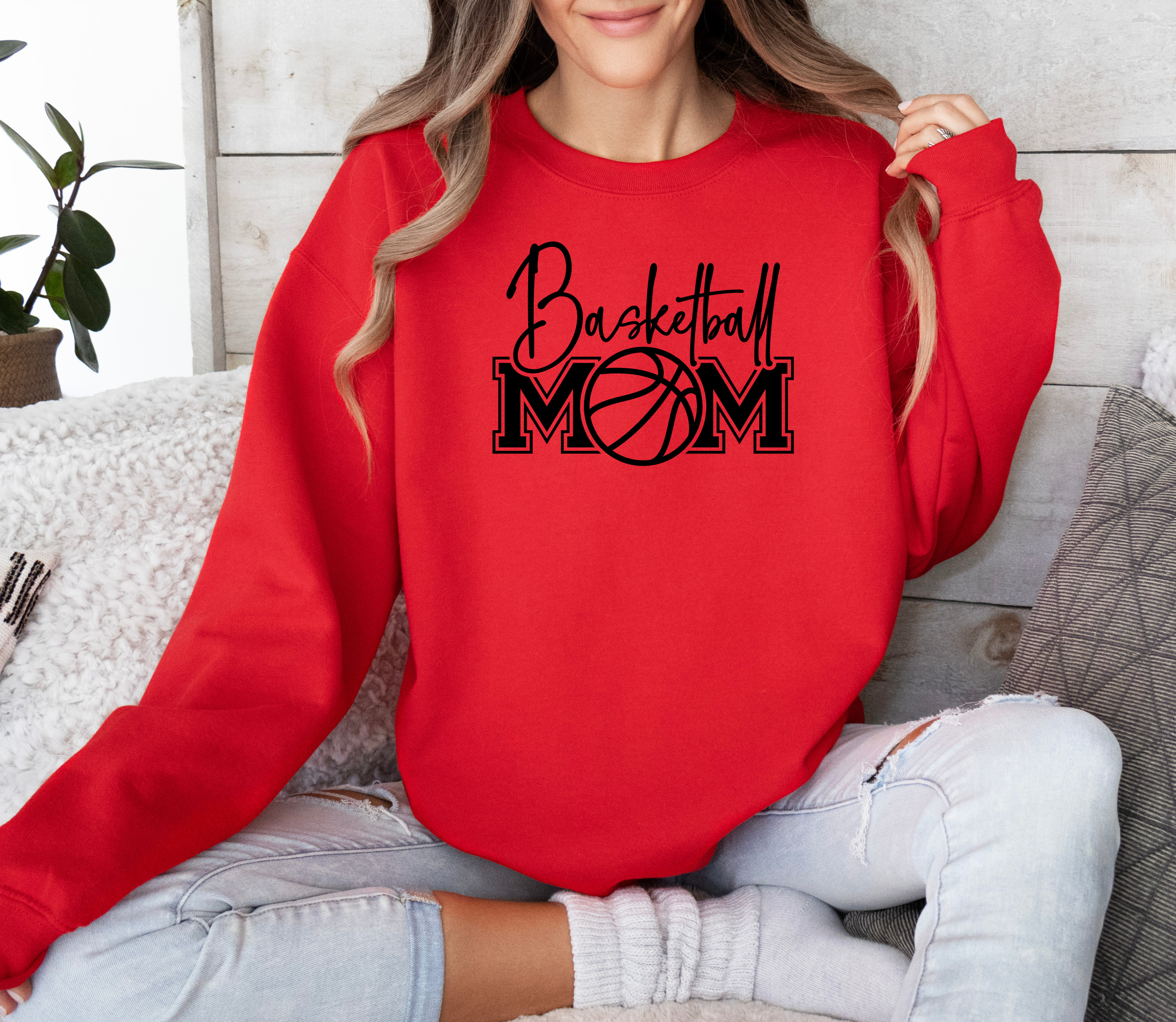 Basketball mom sweatshirt with a cute cursive font and a college text font.  Great apparel for basketball games.