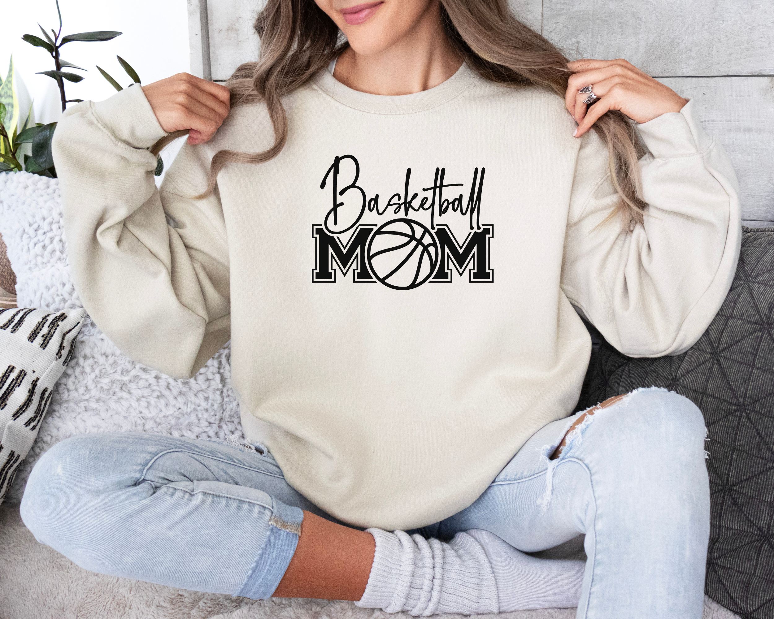 Basketball mom sweatshirt with a cute cursive font and a college text font.  Great apparel for basketball games.