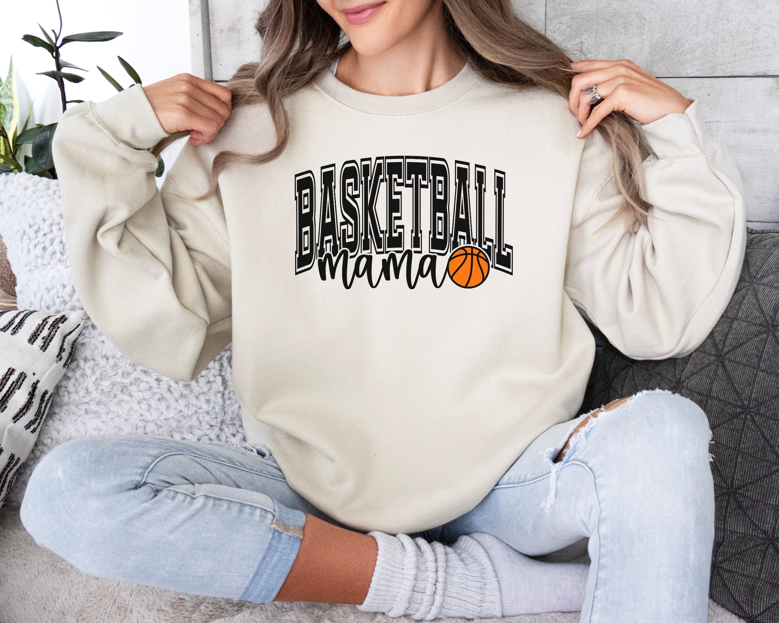 basketball mama sweatshirt with a college outline text , mama in cursive, and a small basketball