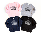 basketball sister sweatshirt in light pink, gray, black, and navy