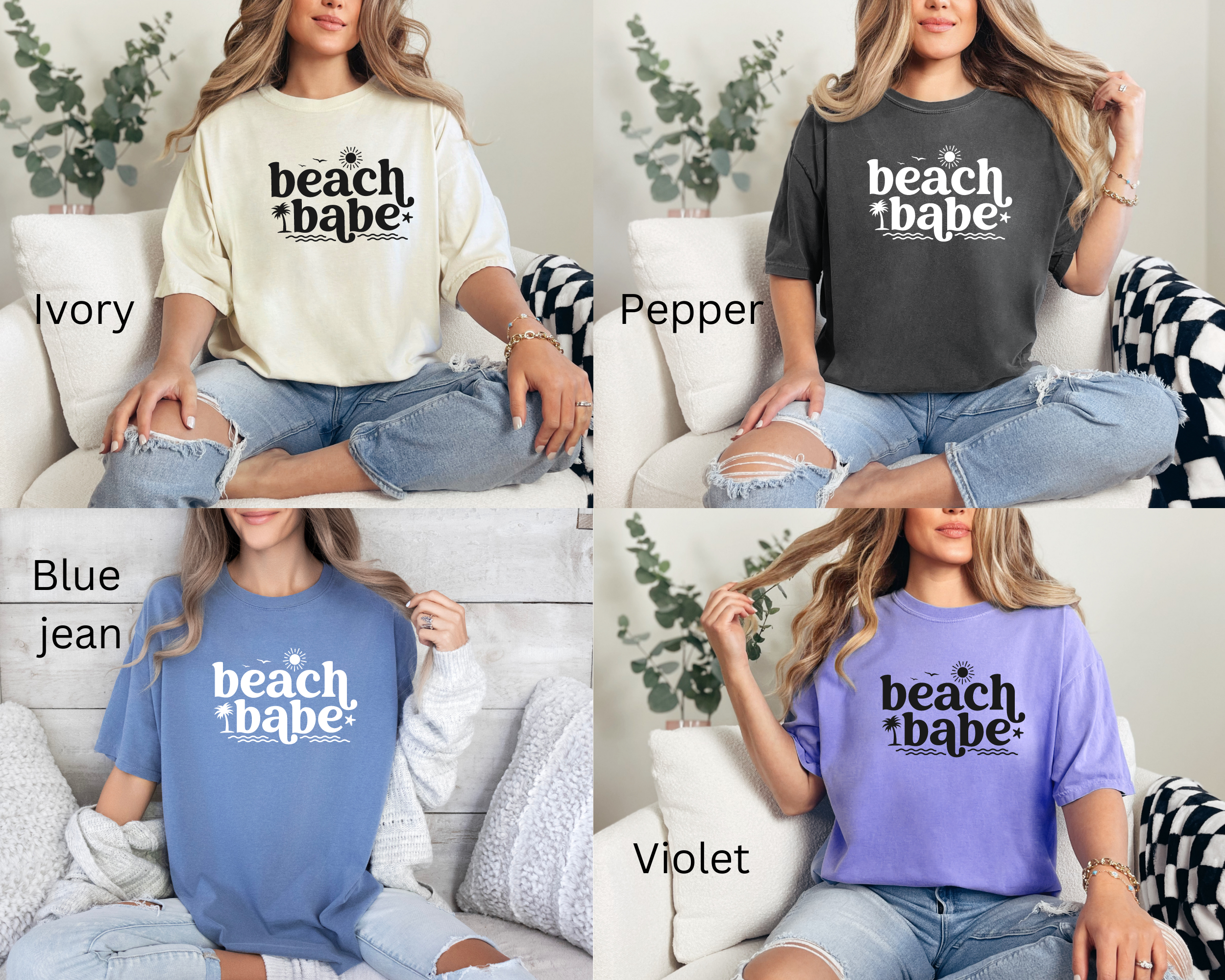 beach babe beach shirts in ivory, pepper, blean jean, and violet.