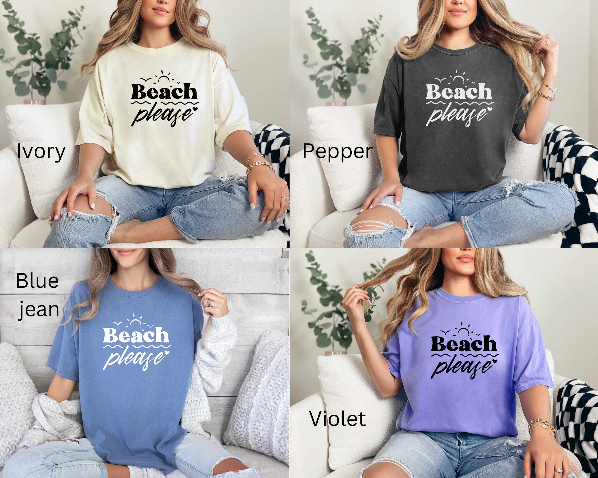 beach shirts that say beach please in ivory, pepper, blue jean, and violet.