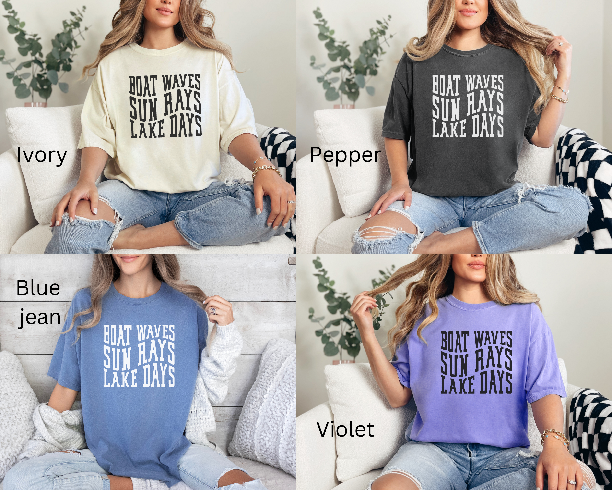 lake shirts in colors ivory, blue jean, pepper, and violet.