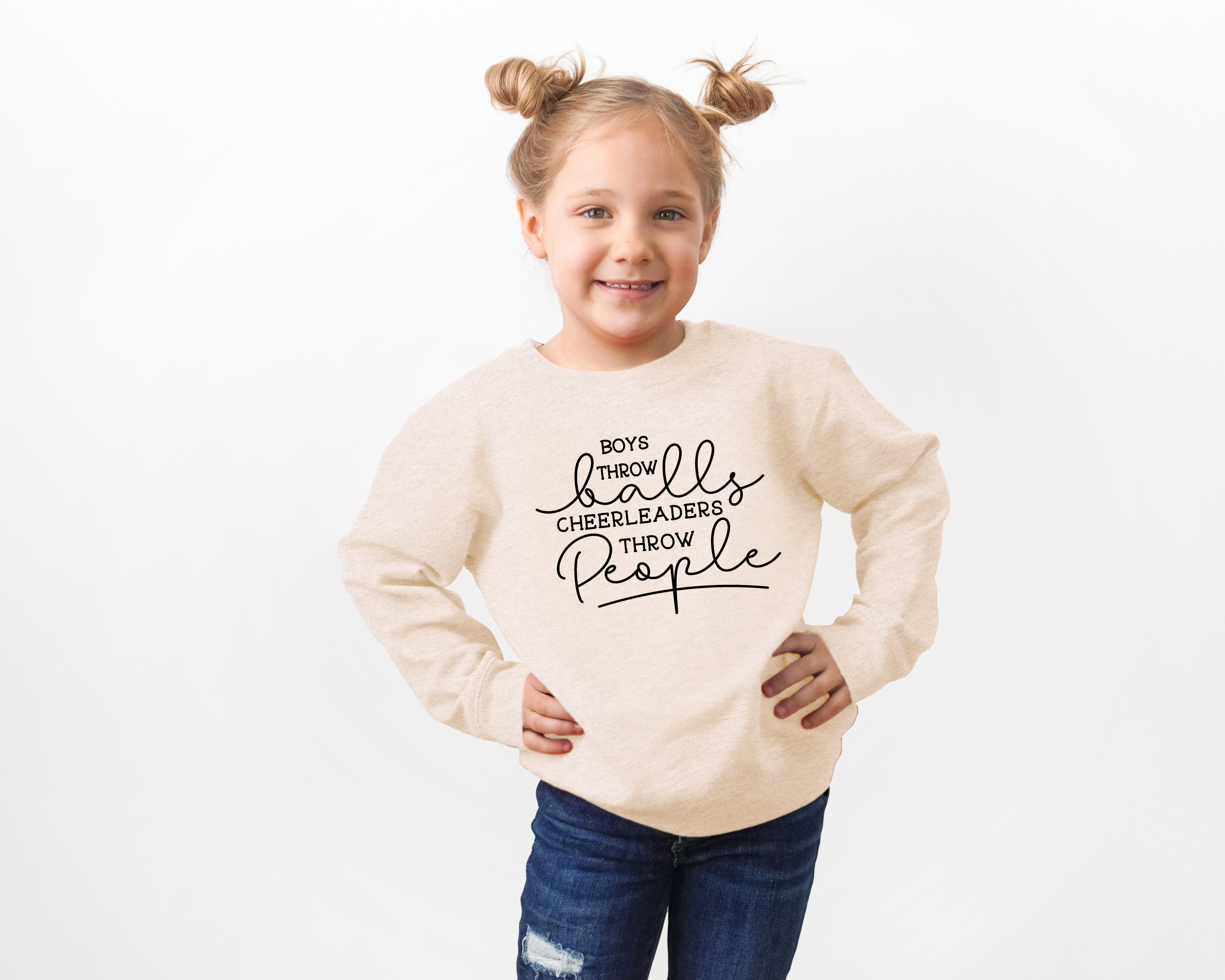 Funny cheer sweatshirt that says boys throw balls cheerleaders throw people in natural heather