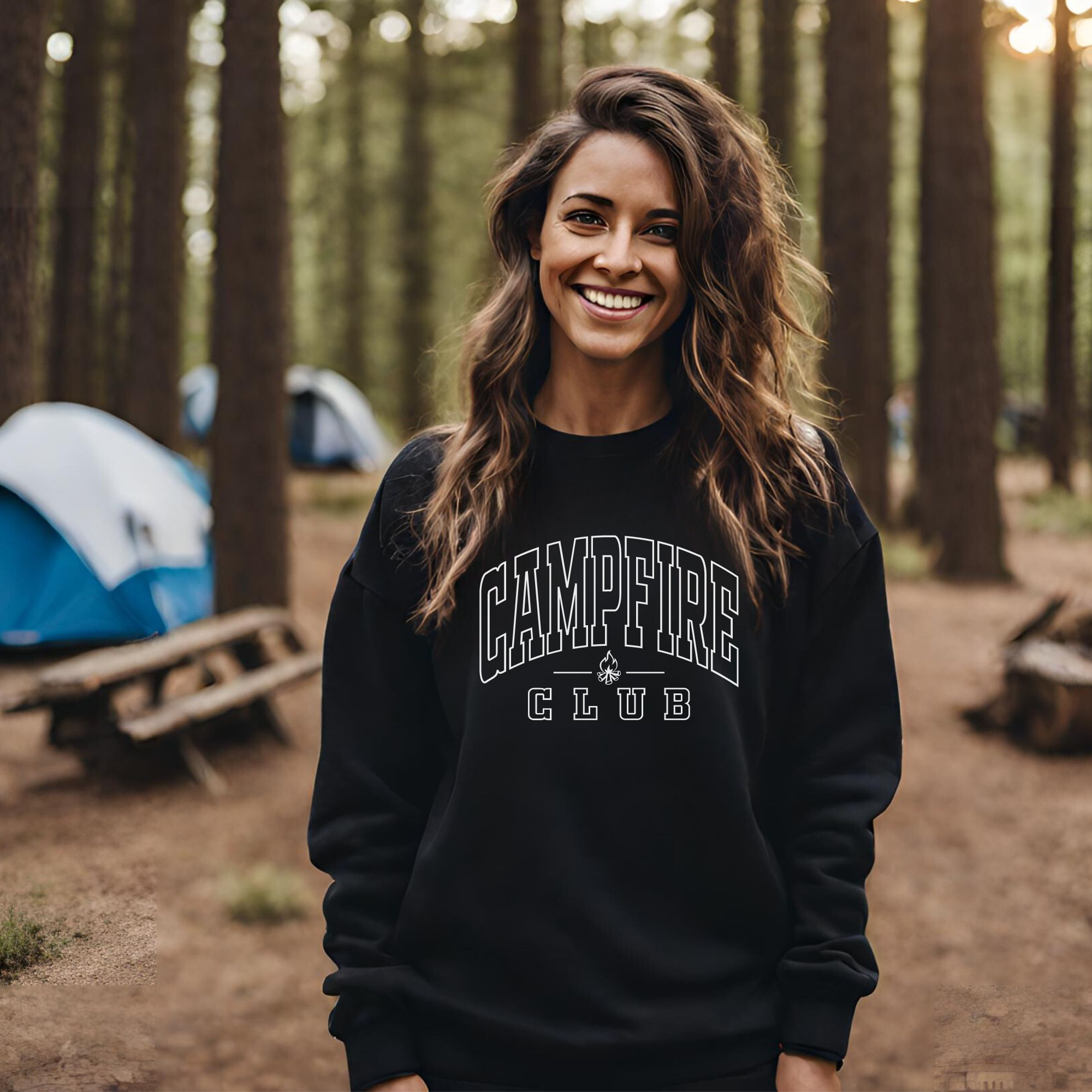 campfire club sweatshirt in college outline text.  Pullover sweatshirt is black with a white design.