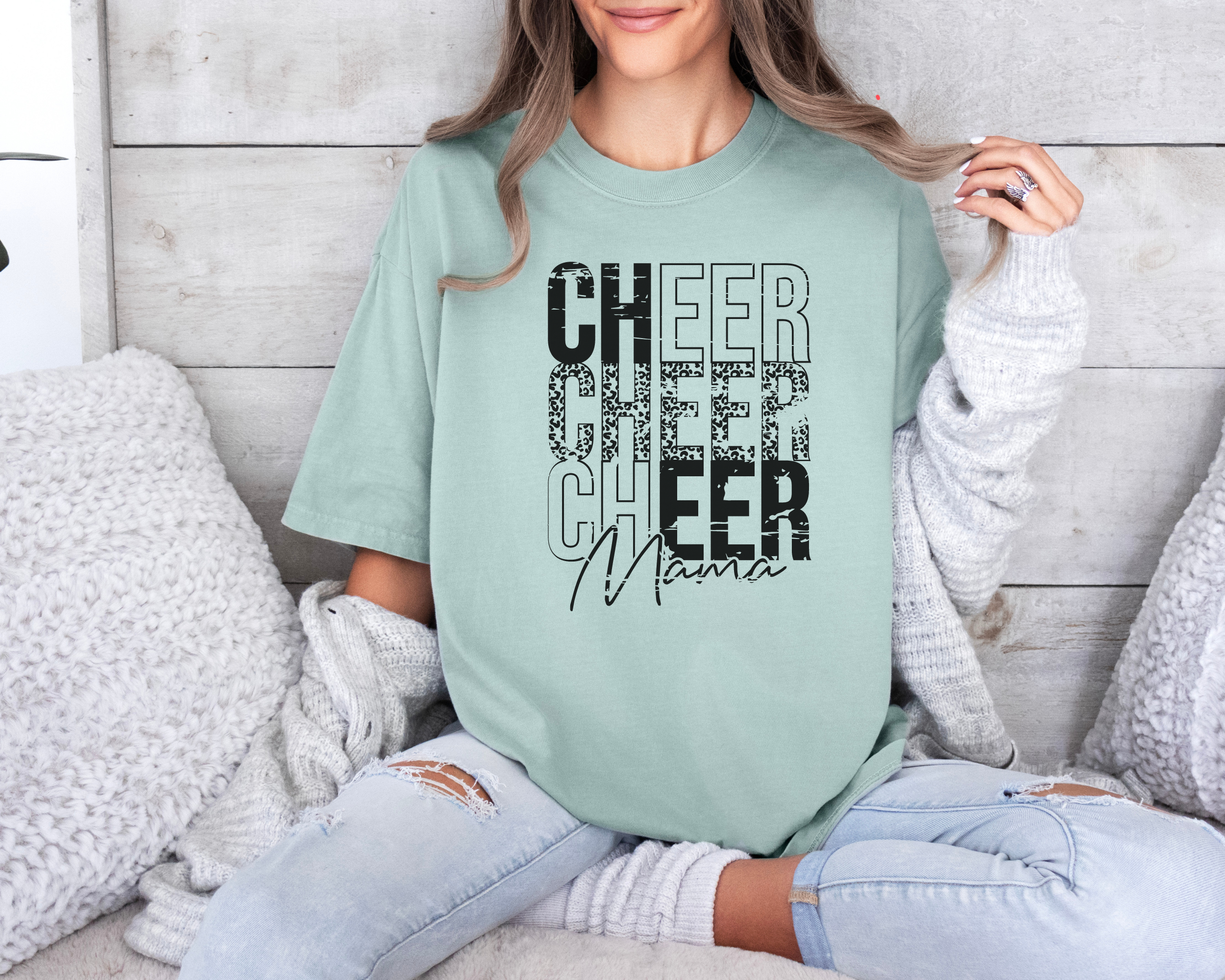 cheer mama tshirt stacked in a distressed cheetah print design