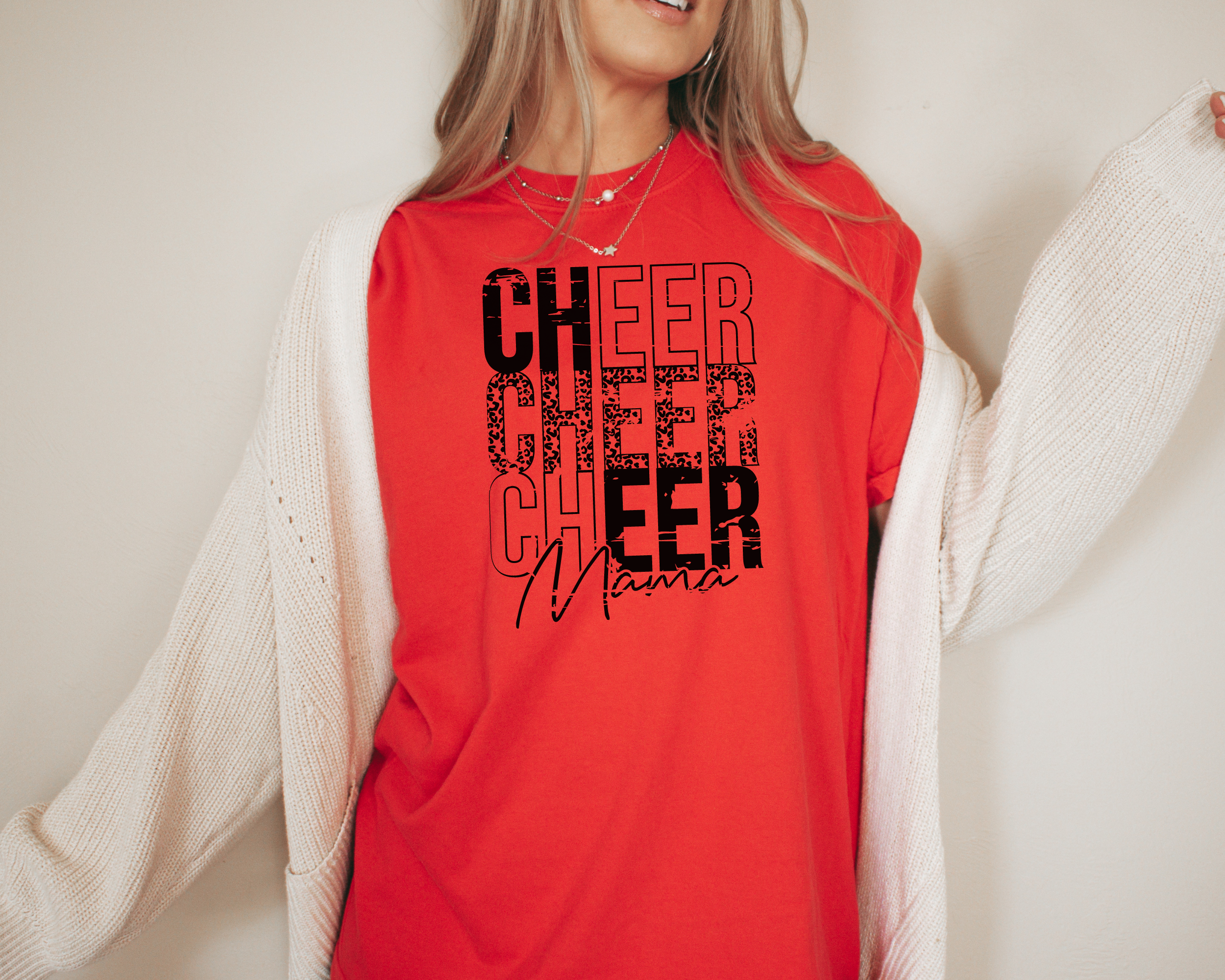 cheer mama tshirt stacked in a distressed cheetah print design