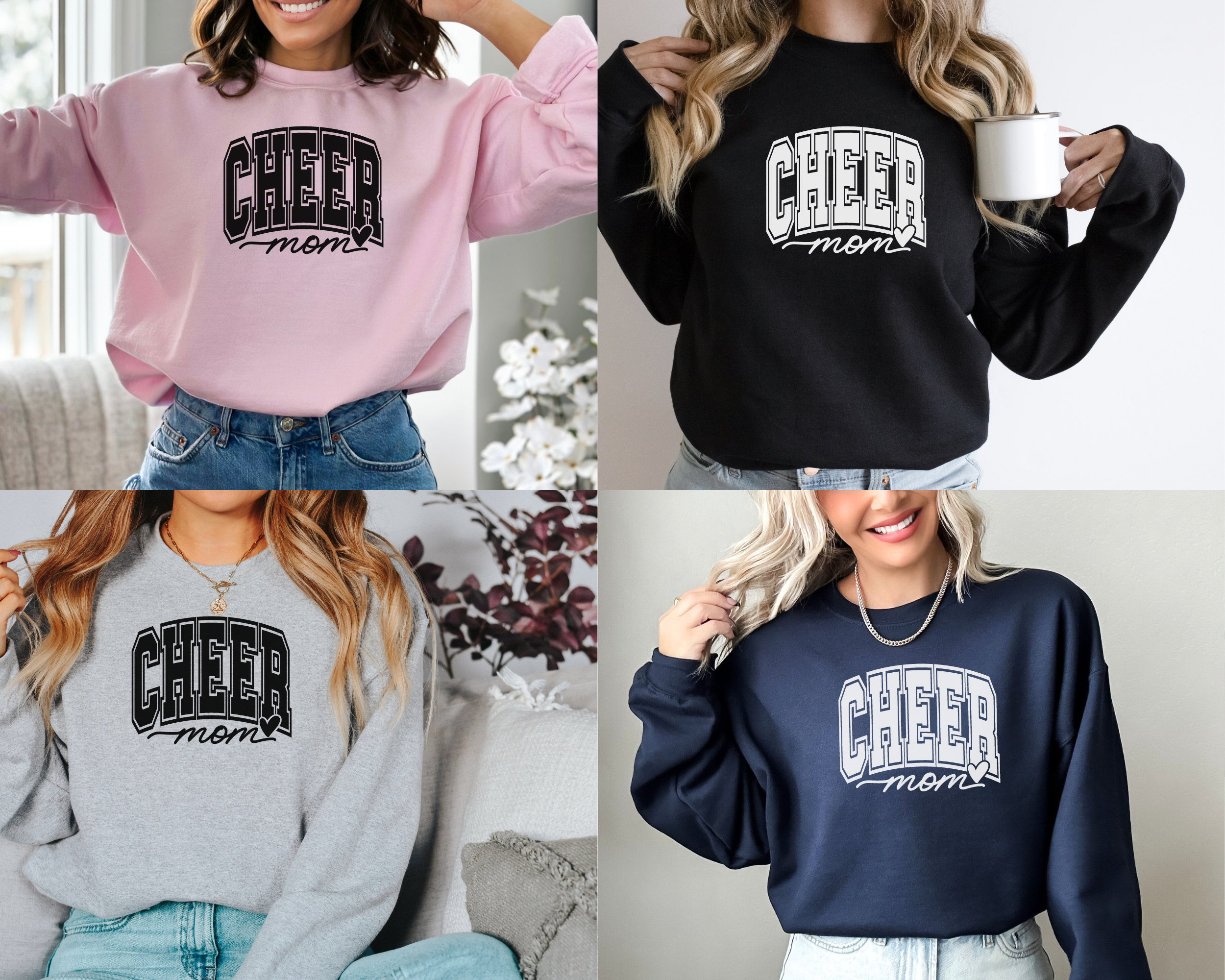 cheer mom sweatshirt in pink, black, gray, and navy
