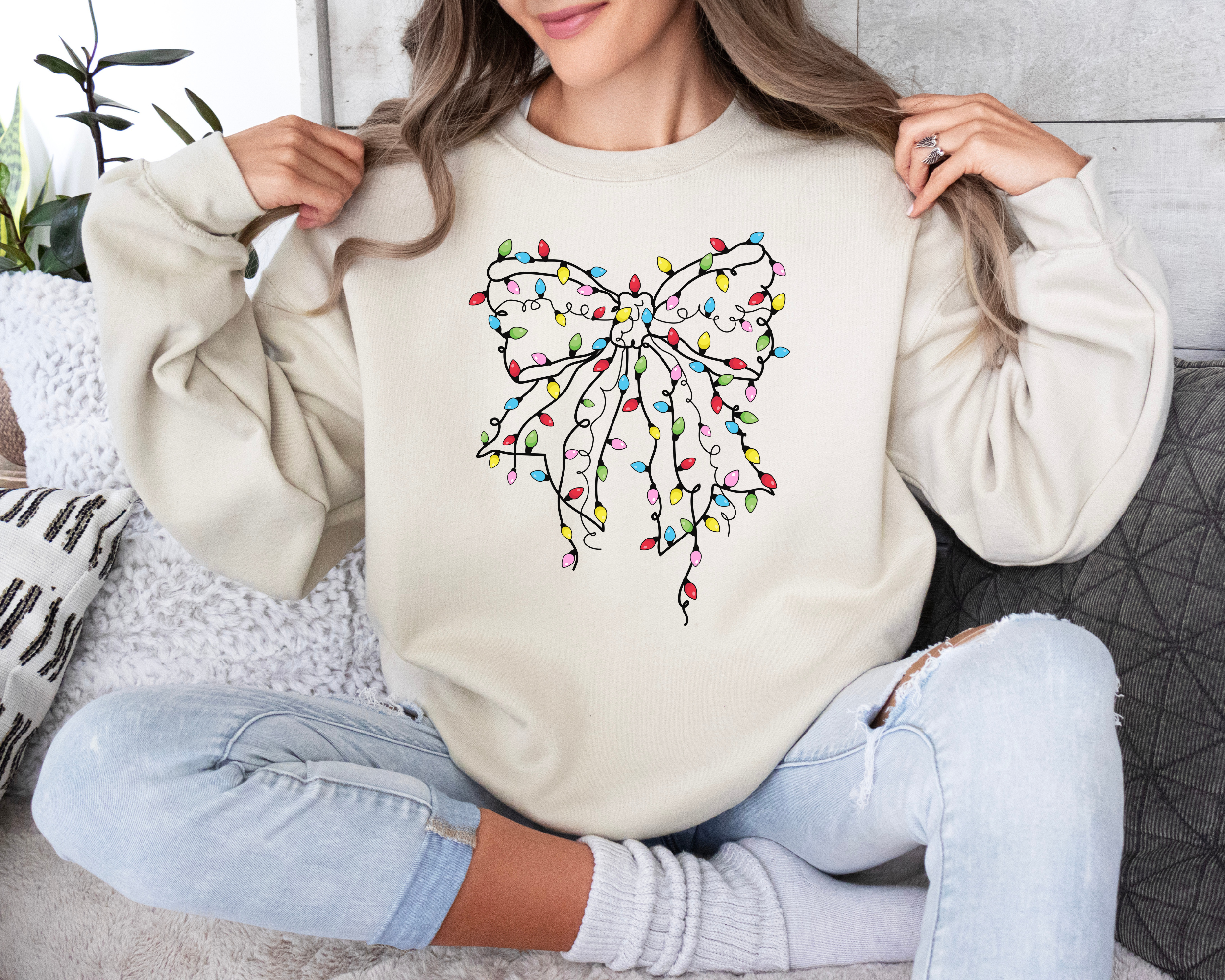 Christmas lights coquette bow sweatshirt for women to wear for the holidays