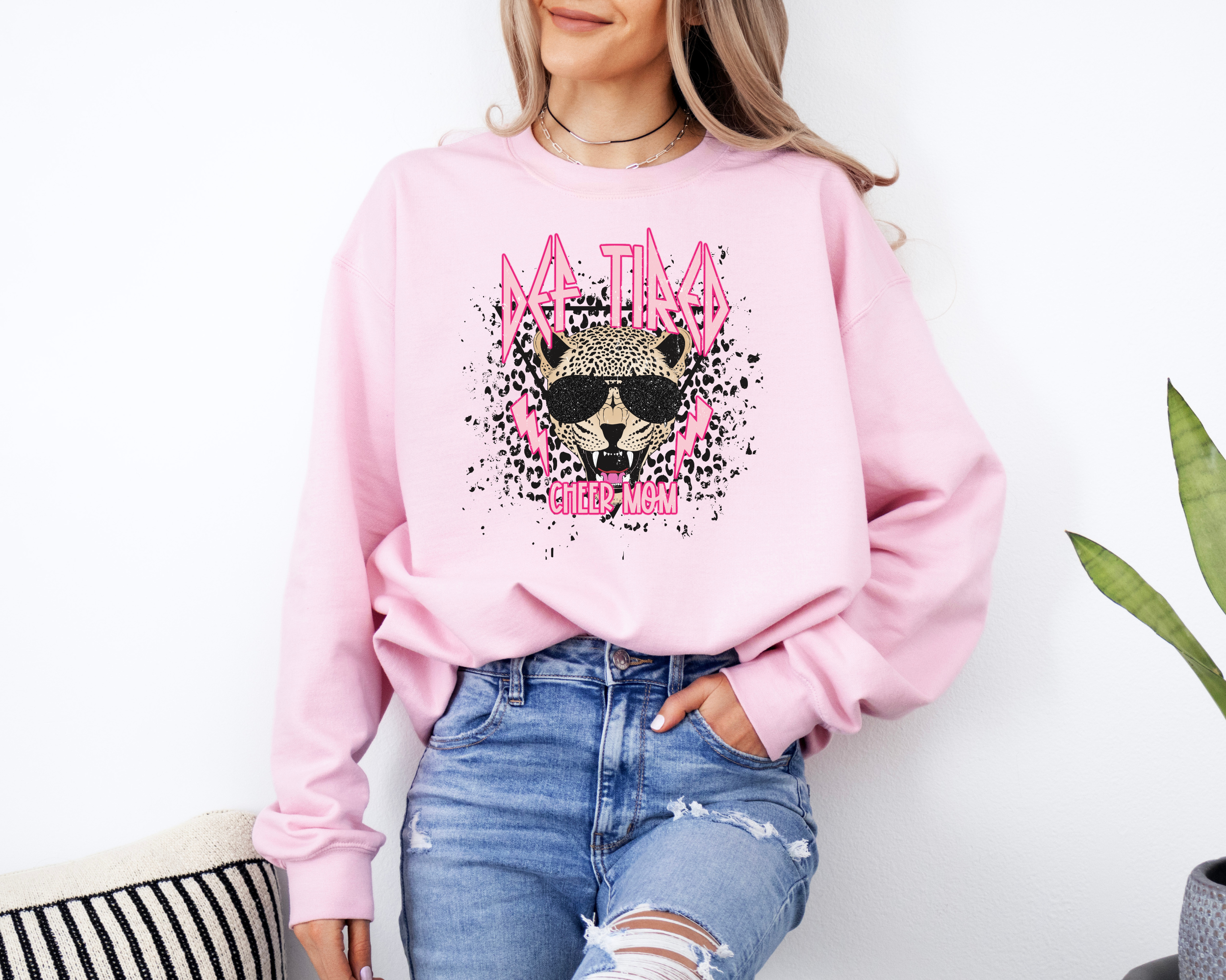 Def tired cheer mom sweatshirt.  Def leopard themed design with cute leopard design and leopard face in the middle.