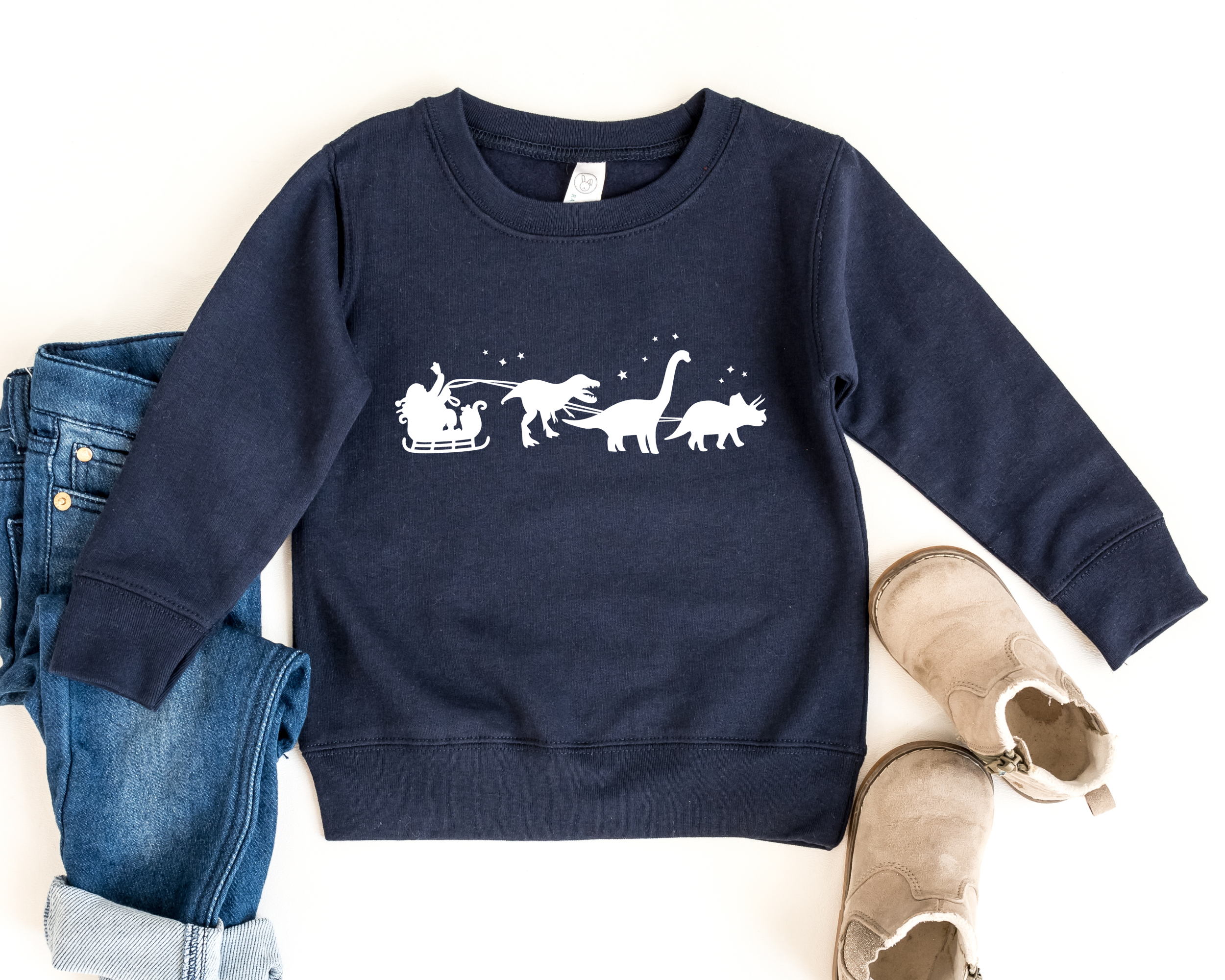 Toddler christmas sweatshirt with a santa sleigh and dinosaurs pulling the sleigh.