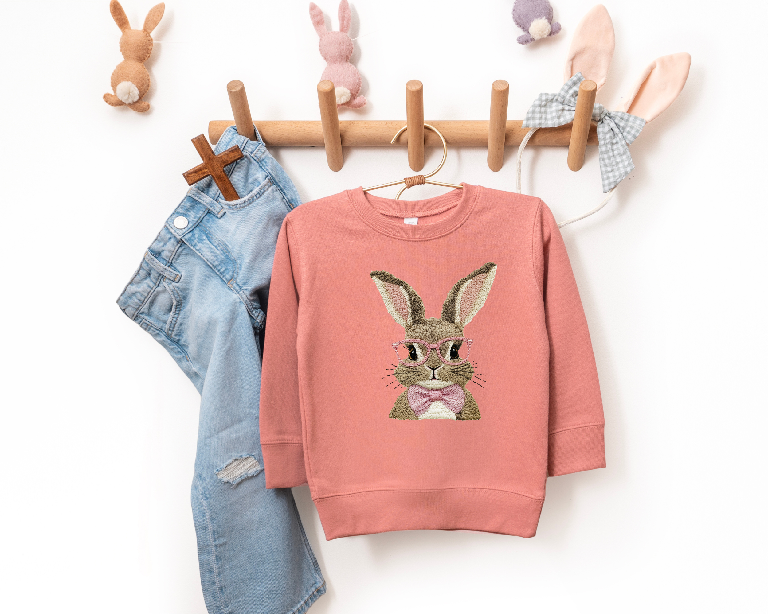 vintage inspired faux embroidery easter bunny sweatshirt for kids