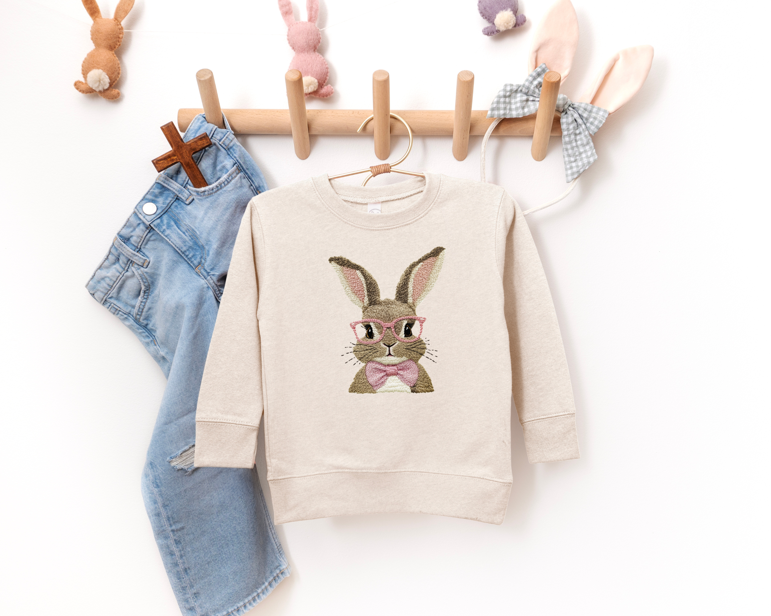 vintage inspired faux embroidery easter bunny sweatshirt for kids