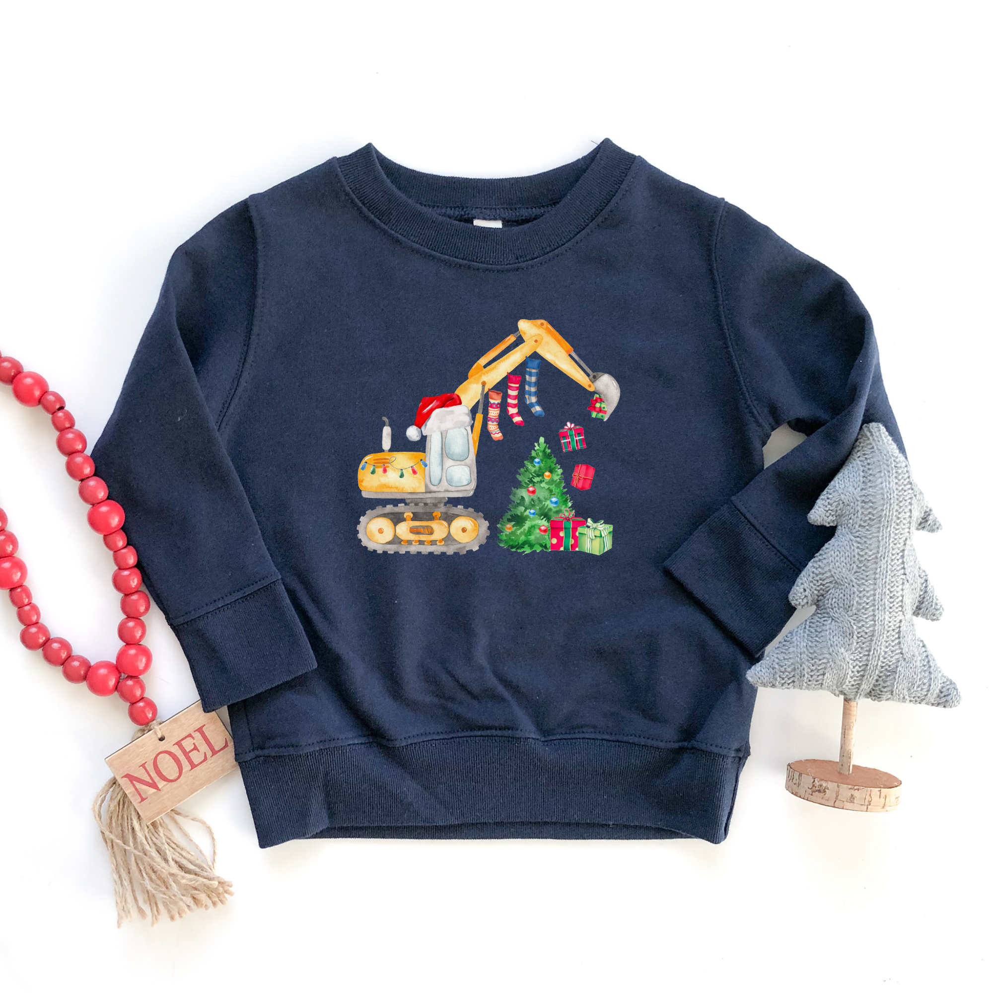 Excavator construction equipment christmas sweatshirt for the holidays.  Made in toddler and kid sizes.