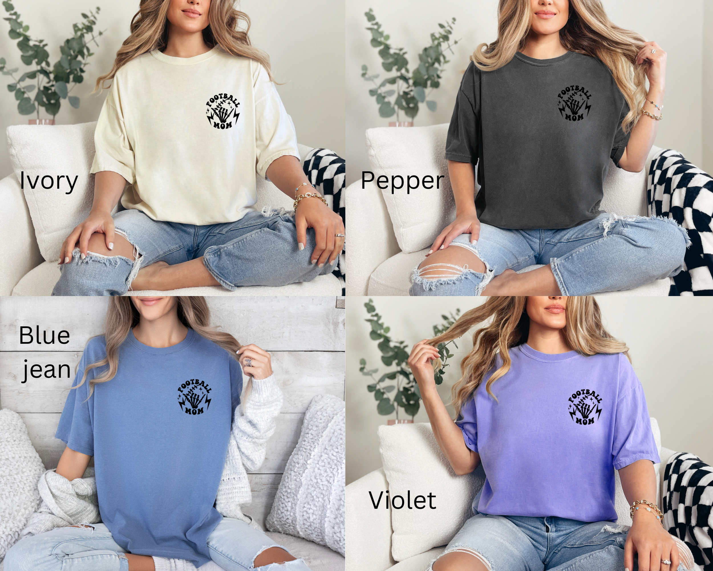 Football mom shirts in ivory, pepper, blue jean, and violet.