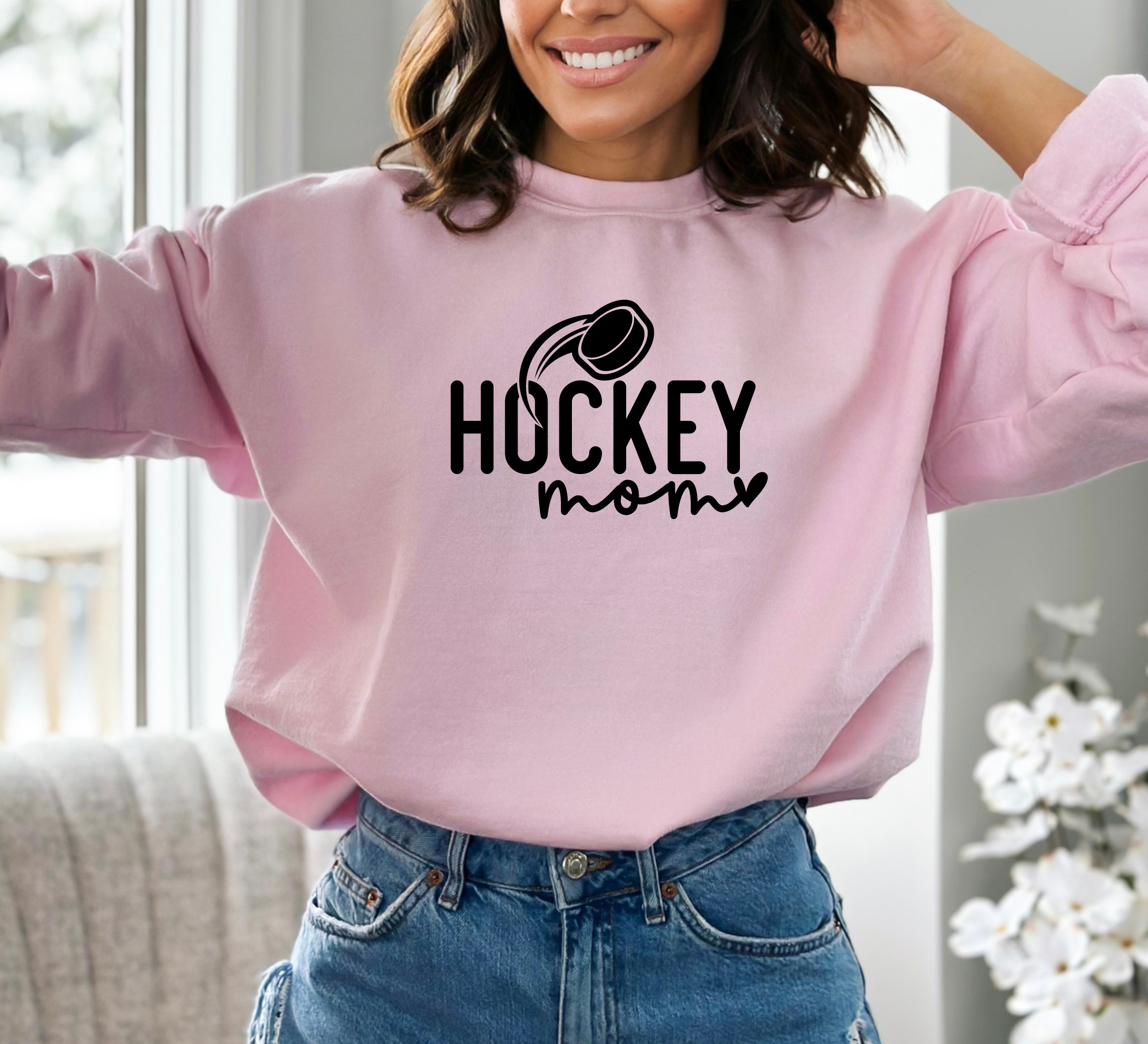 hockey mom sweatshirt in pink
