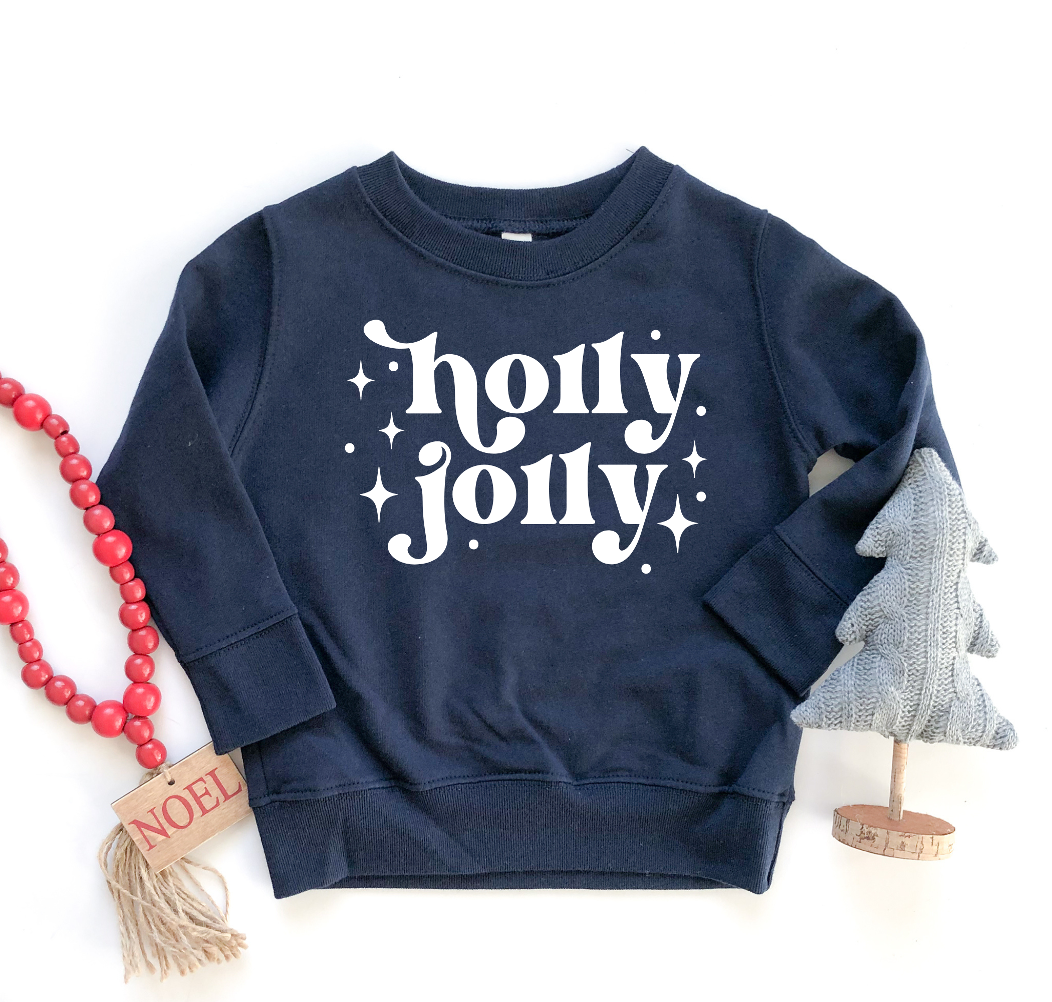 Holly jolly toddler christmas sweatshirt in navy with white text and little stars