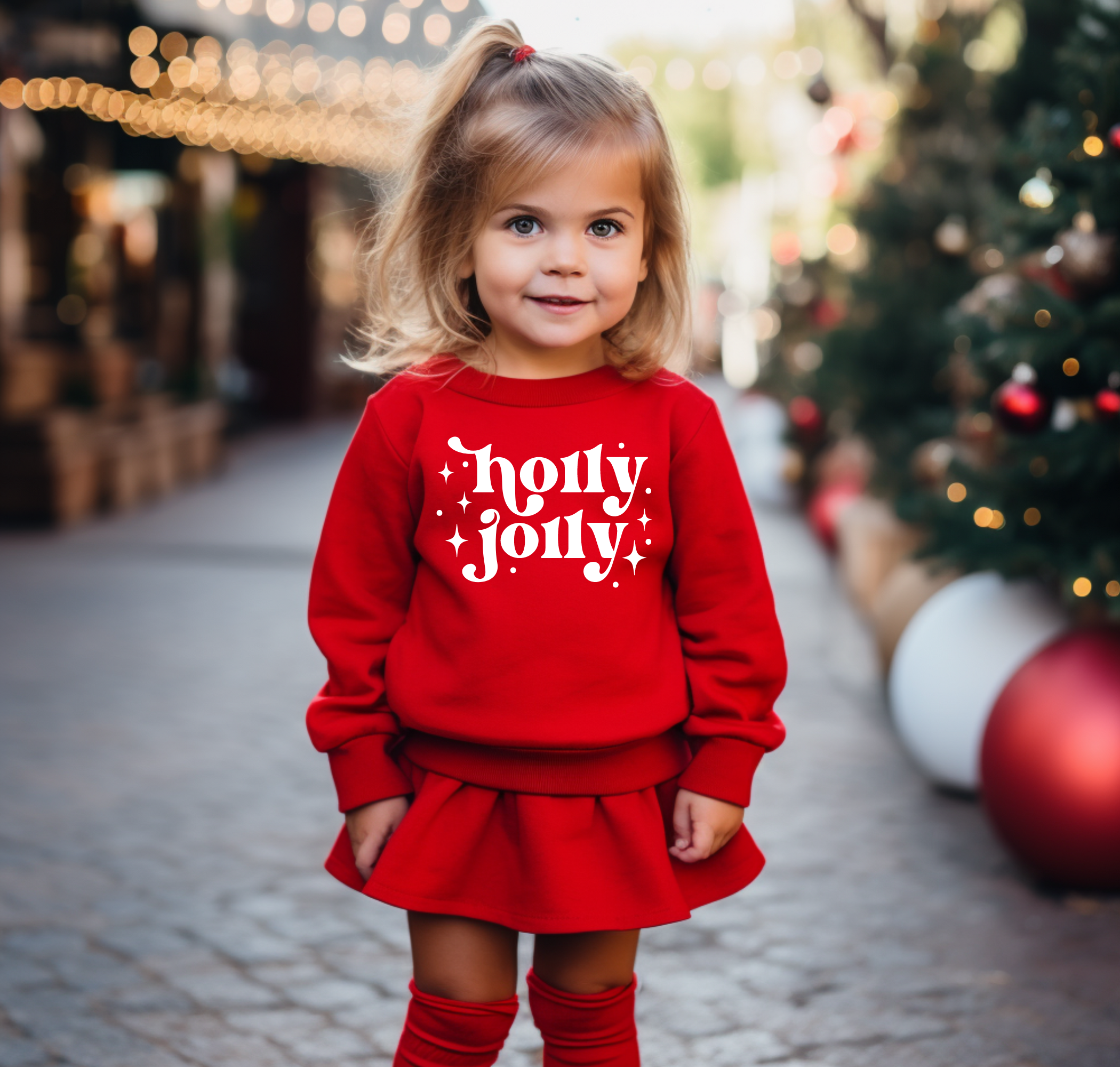 Holly jolly toddler christmas sweatshirt in red with white text and little stars