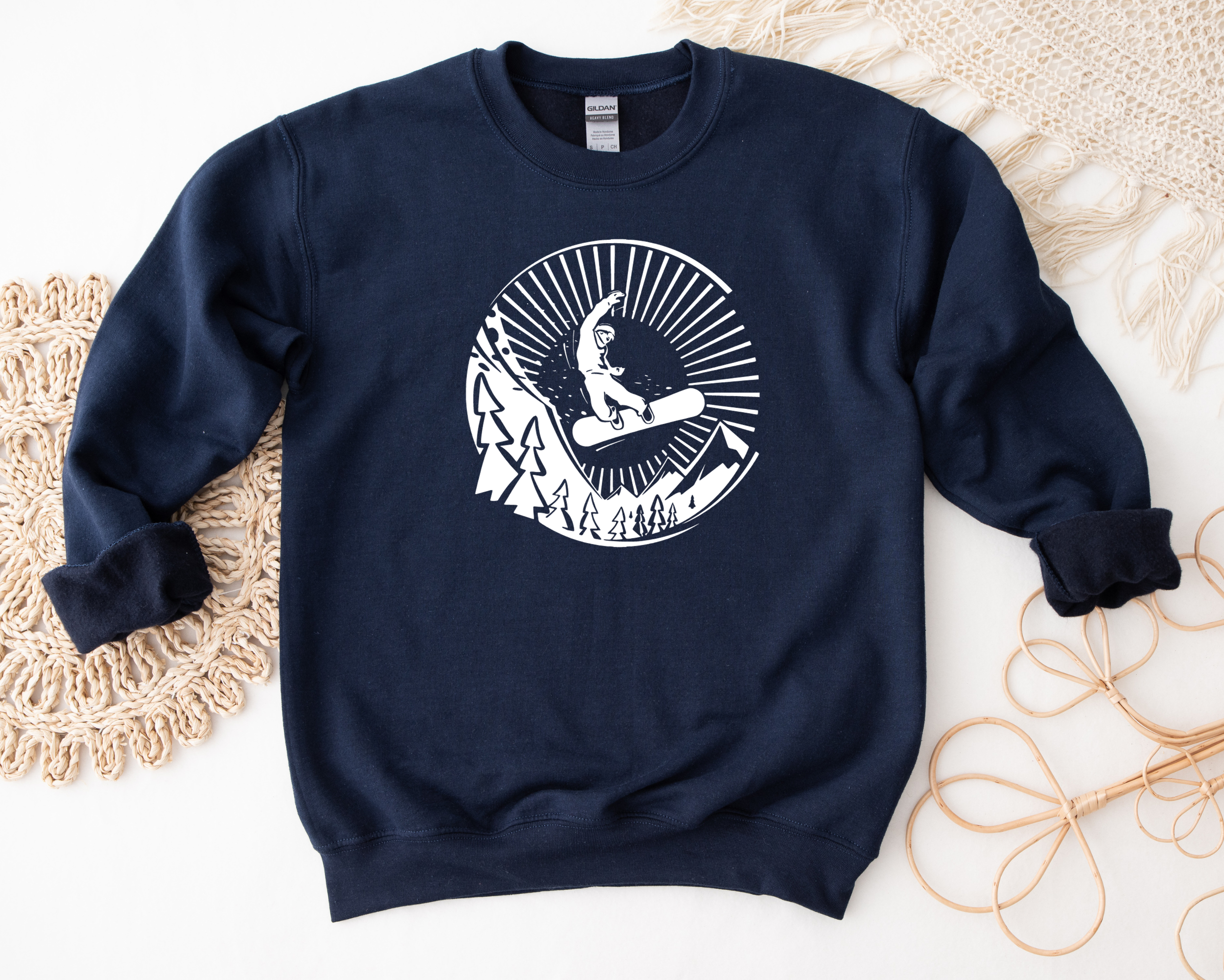 kids snowboarding sweatshirt in navy with white design