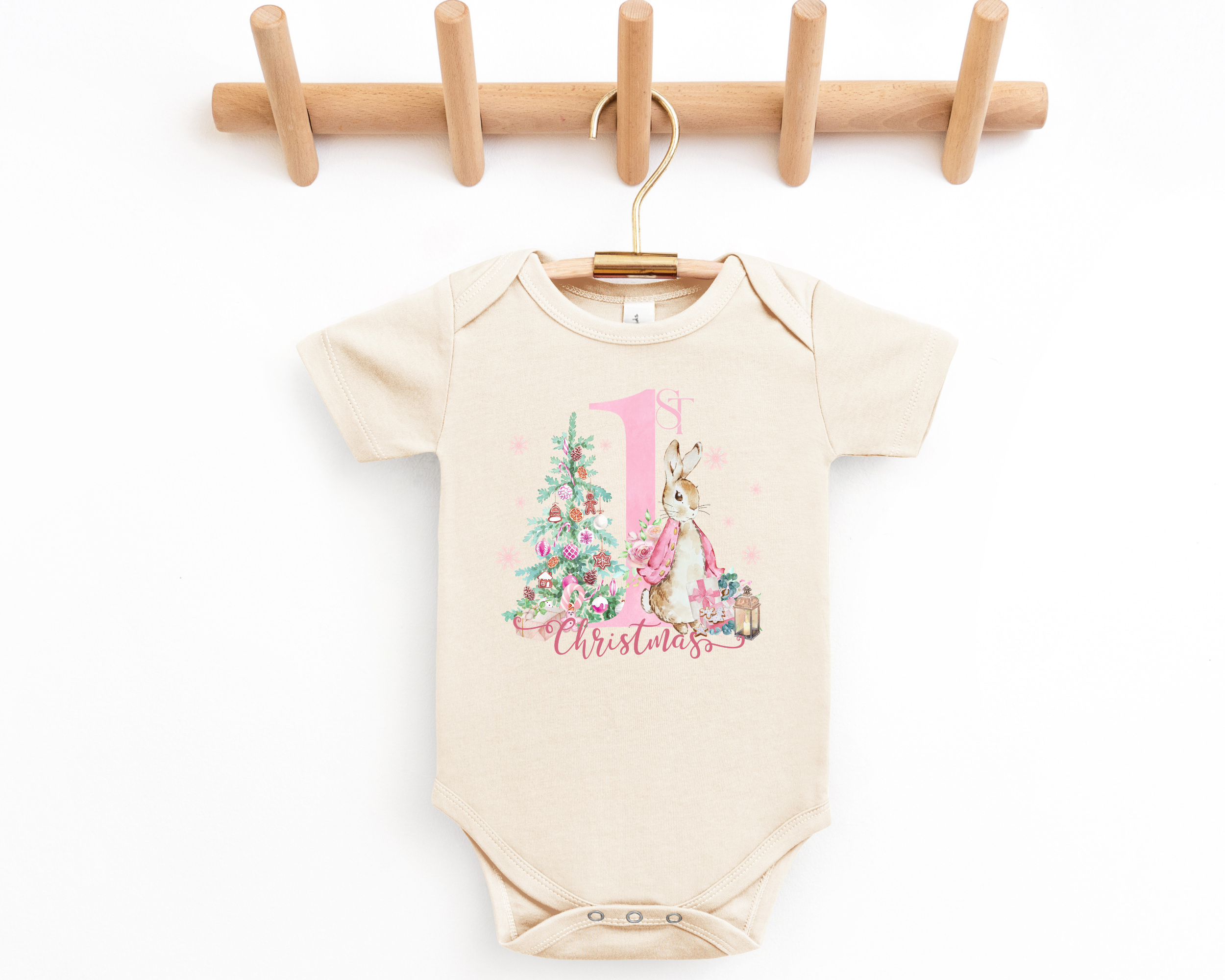 my first christmas pink bunny onesie for infants and babies