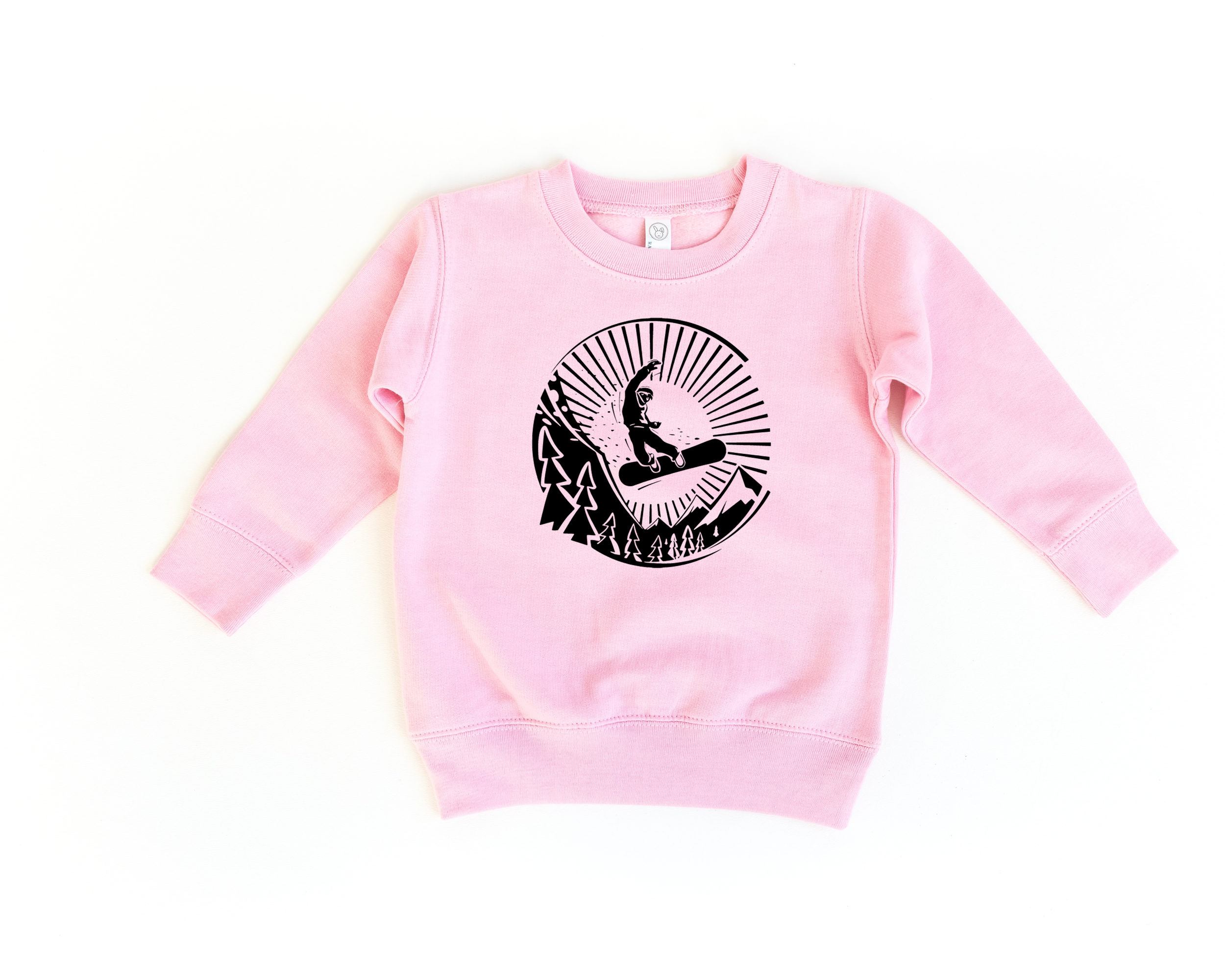 kids snowboarding sweatshirt in pink with a black design