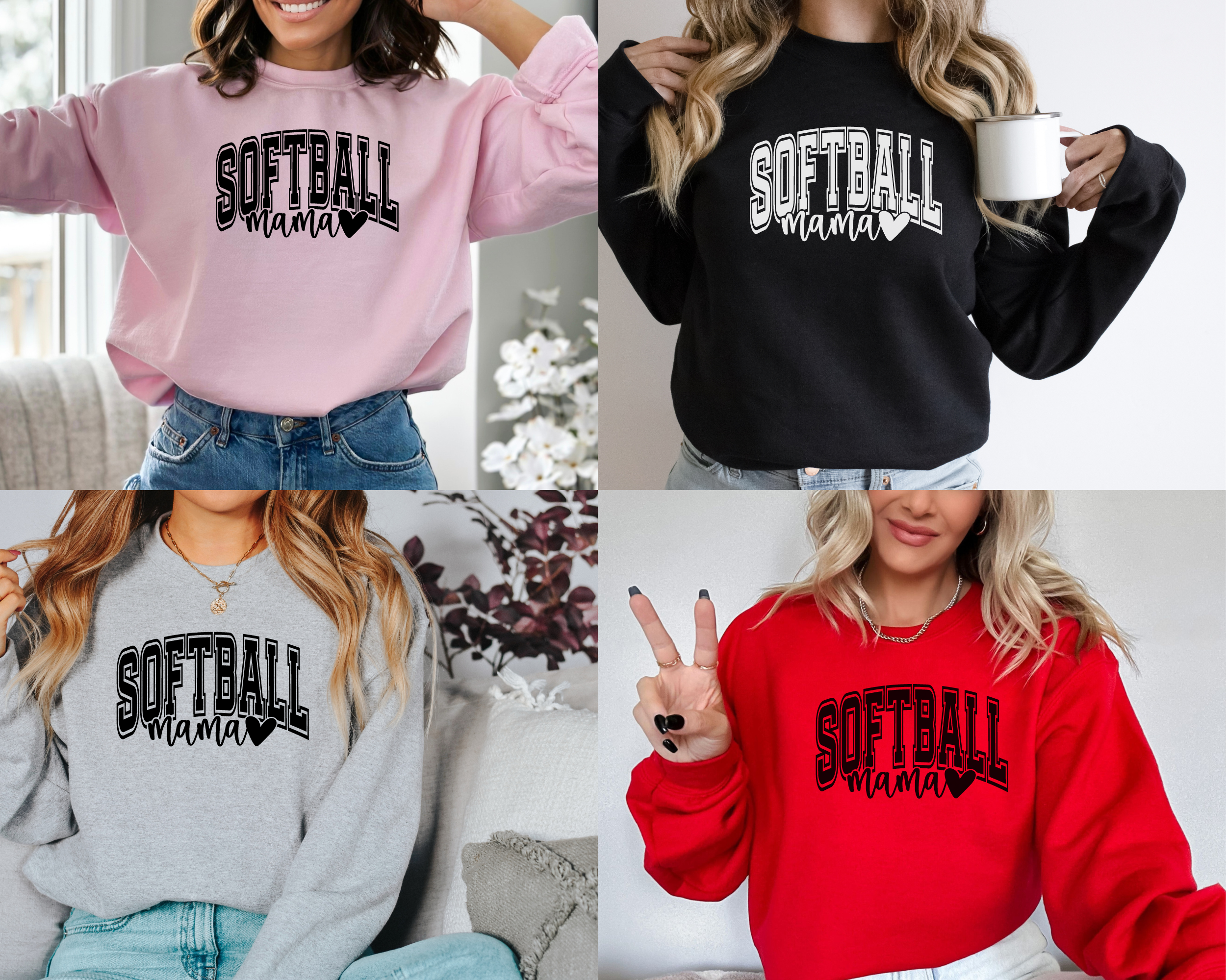 softball mama sweathirt in pink, red, gray, black