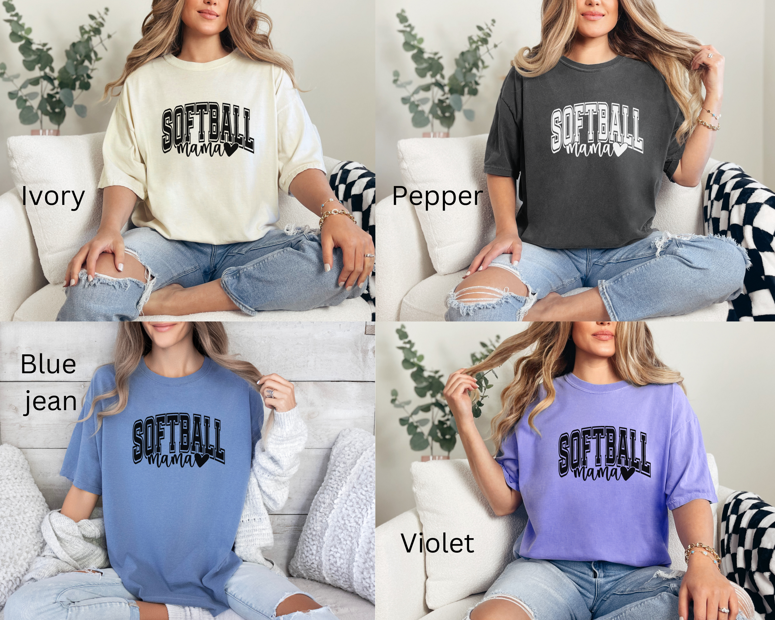 softball mama shirts in ivory, pepper, blue jean, and violet.