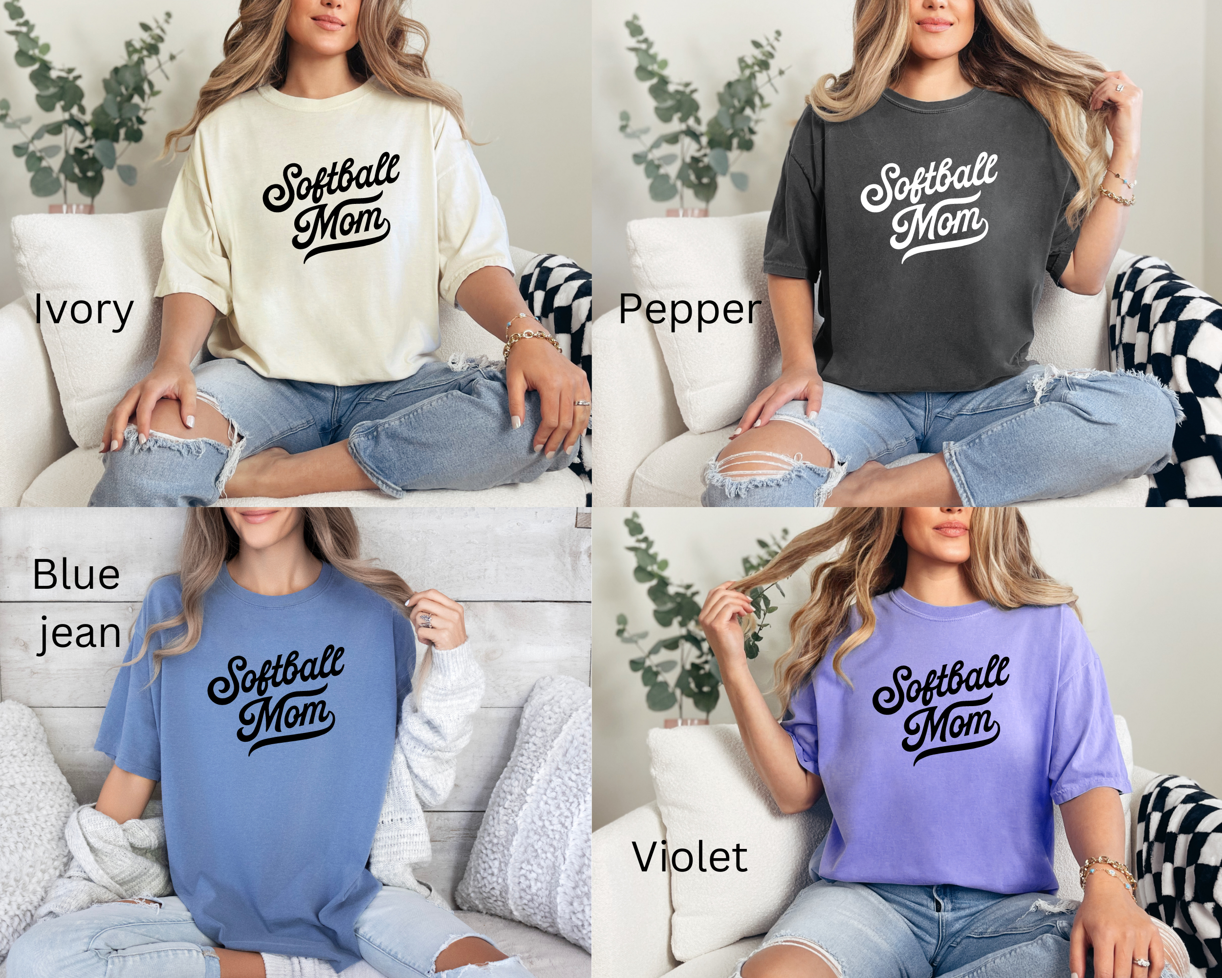 vintage softball mom design on ivory, blue jean, violet, and pepper