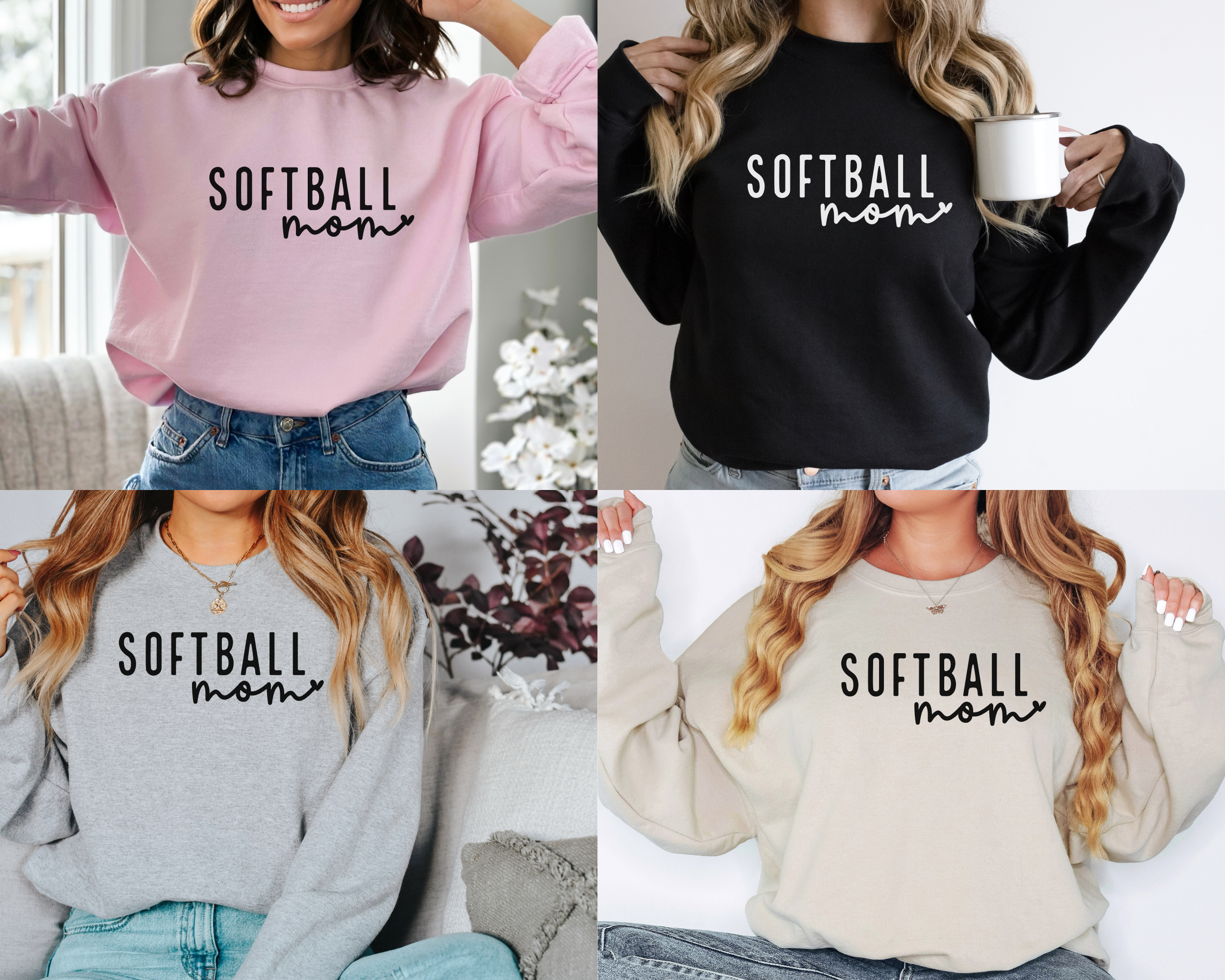 softball mom sweatshirts in pink, gray, sand, black