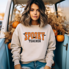 Spooky teacher crewneck sweatshirt in sand.