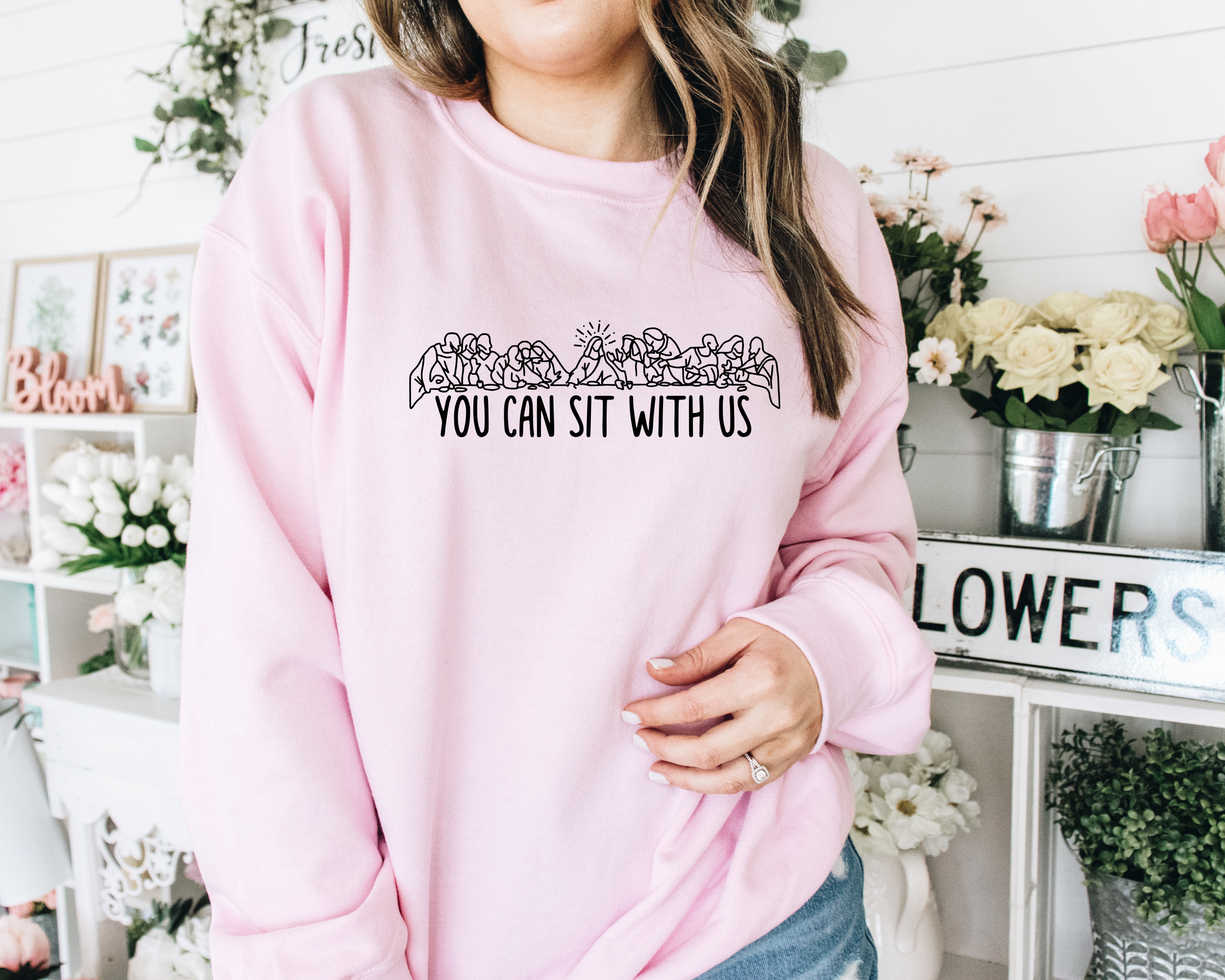 You can sit with us women's easter sweatshirt that portrays The Last Supper